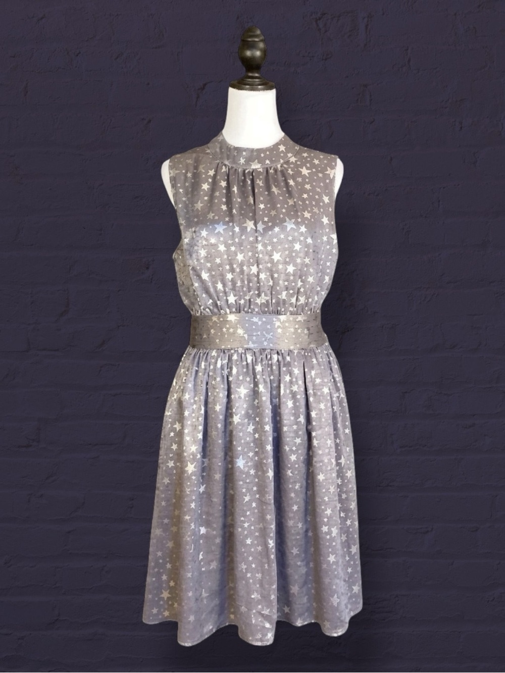 ModCloth Dress Gray Silver Metallic Star Celestial Mock Neck Keyhole Pockets M